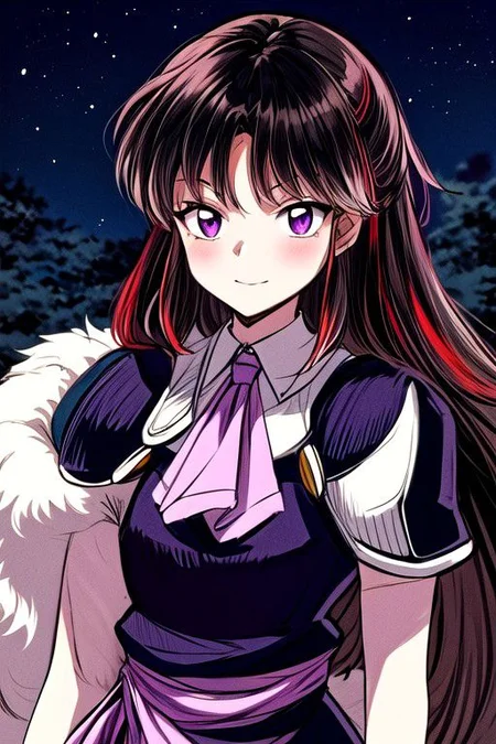 masterpiece, best quality 1girl Setsun4 solo long hair, (night time) forest background black hair very long hair purple eyes multicolored hair armor (fur trim) (medium body),<lora:EMS-179-EMS:0.800000>,<lora:EMS-293862-EMS:0.800000> bow, hair_bow, hair_tubes, red_bow, brown_hair, long_hair, bangs, ascot, frilled_bow, yellow_ascot, blush, smile, hair_between_eyes, athletic, armor