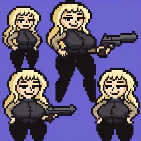<lora:lisathepointless-v5.4_:1> by lisathepointless, solo, blue background, simple background, 1girl, huge breasts, dire, direpony, long hair, blonde hair, black eyes, wide hips, smug expression, hands on hips, black pants, black vest, gun in hand, one eye closed