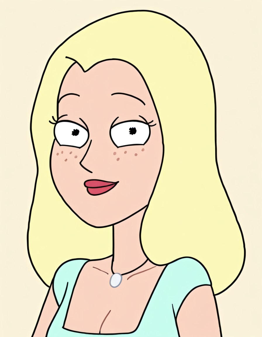 <lora:DianeIllustrious1.0JLFO:1> diane, 1girl, blonde hair, solo, freckles, long hair, necklace,breasts, cleavage, aqua shirt, smile,looking at viewer, upper body, portrait, simple background,