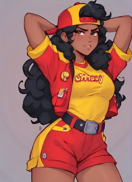 score_9, score_8_up, score_7_up, <lora:bsmeg:0.8>bsmeg , dark skin, dark-skinned female, black hair, long hair, , baseball cap, backwards hat, red jacket, yellow shirt, short sleeves, belt, red shorts, black socks , solo <lora:Kittew-4RCH0N:1>4RCH0N