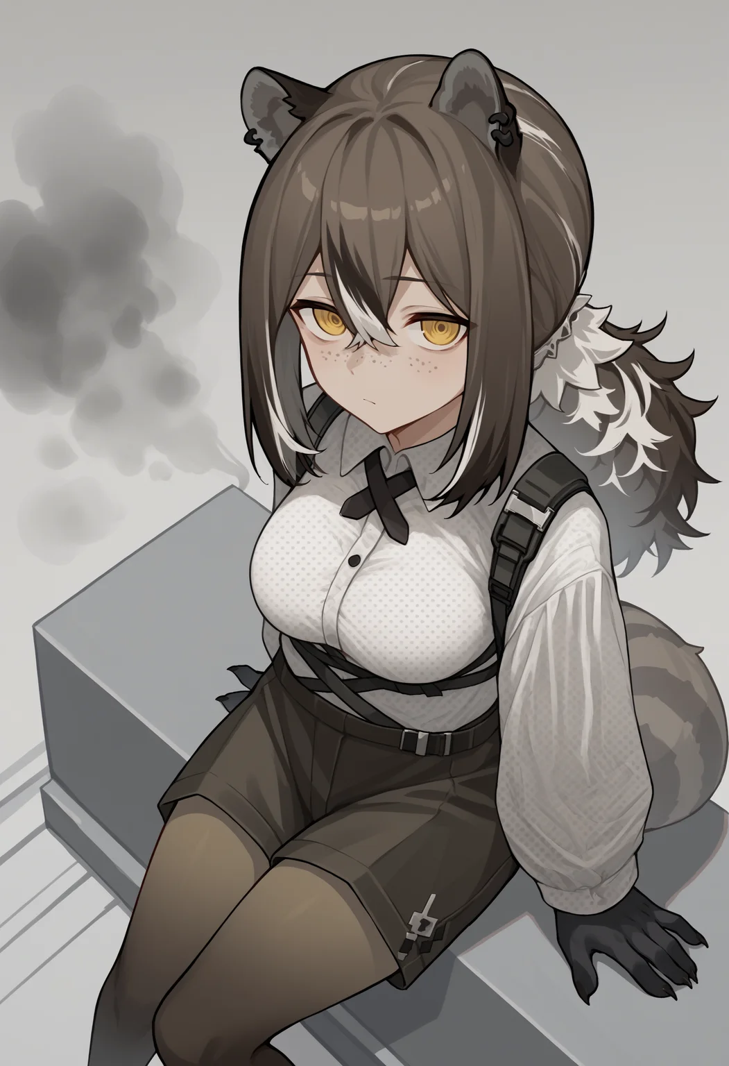 score_9, score_8_up, score_7_up, source_anime, rdef, raccoon girl, raccoon ears, animal ears, yellow eyes, freckles, brown hair, white hair, multicolored hair, hair between eyes, long hair, ponytail, animal hands, raccoon tail, tail, piercing, ear piercing, cross tie, white shirt, polka dot shirt, long sleeves, shorts, black shorts, brown pantyhose, breasts, fog, smoke, white flower, looking at viewer, from above<lora:RobinPDXLv6-20:1>