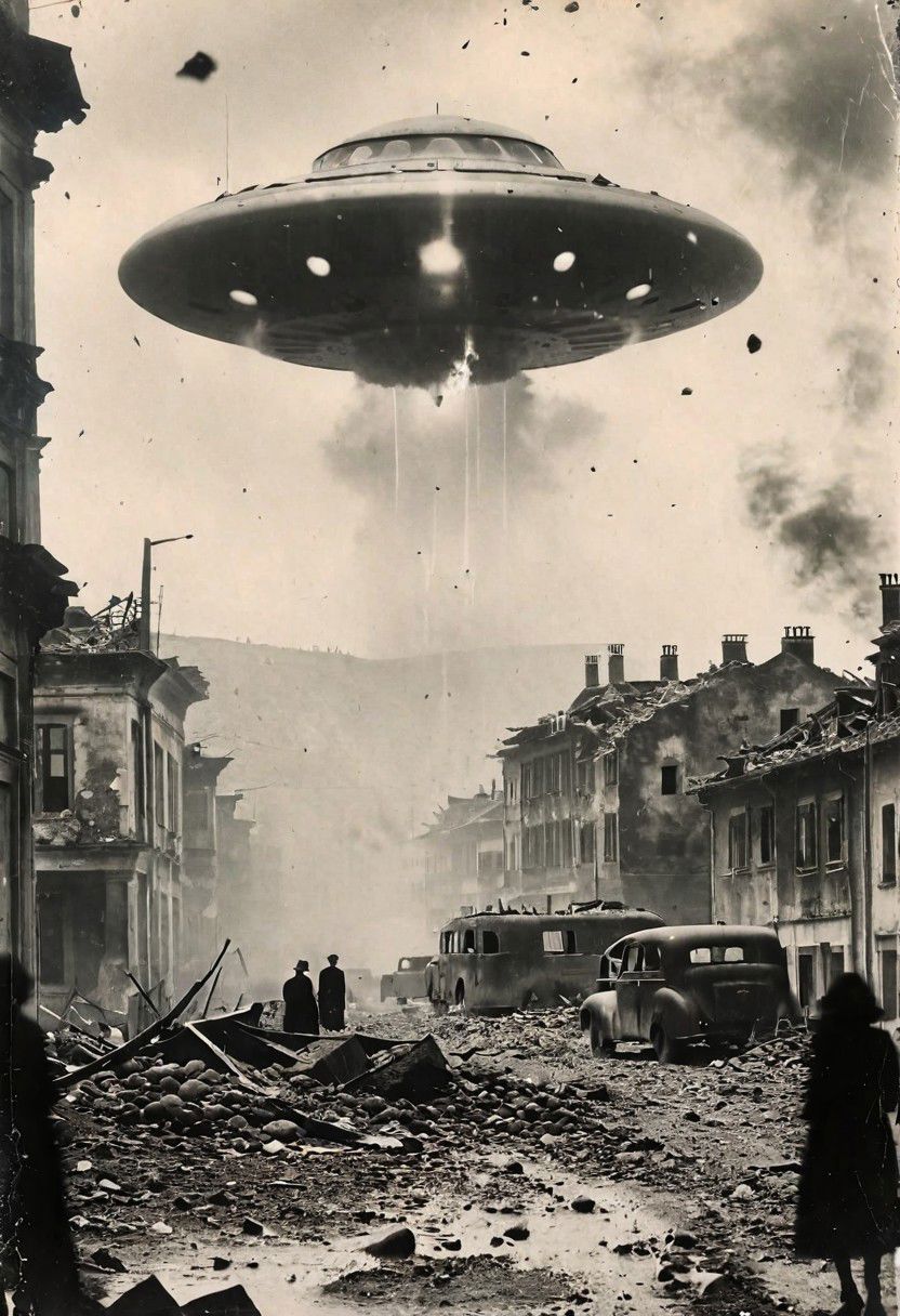 B&W 35mm vintage photo of a UFO in a WW2 picture, destroyed city backdrop