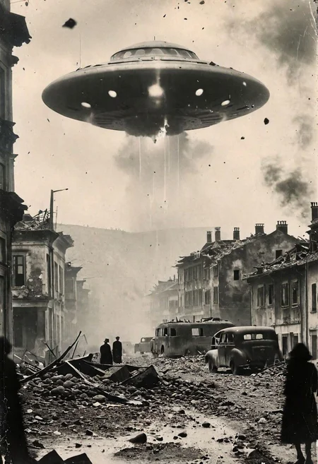 B&W 35mm vintage photo of a UFO in a WW2 picture, destroyed city backdrop