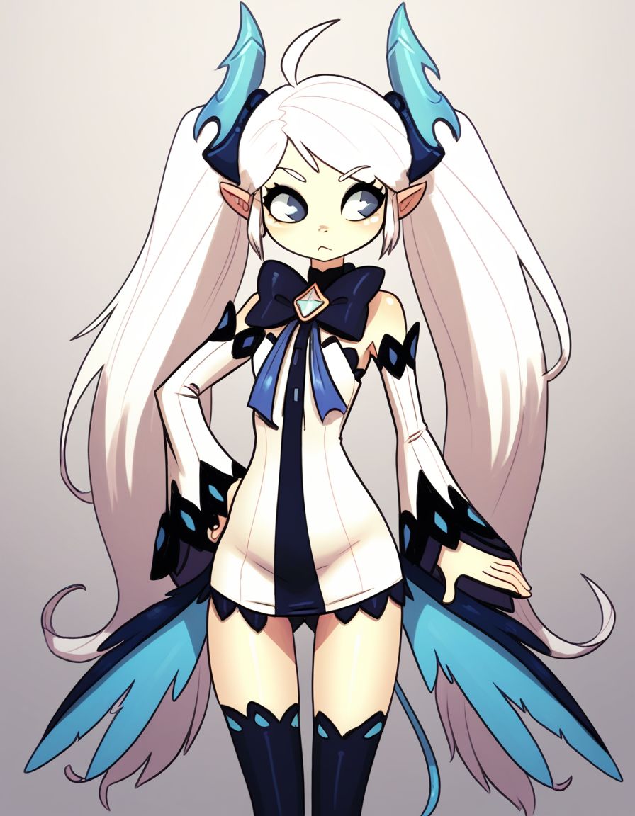 score_9,score_8_up,score_7_up, BREAK by cayless, , 1girl, solo,   <lora:Luciela-Elsword_Character:1> luciela r. sourcream , Noblesse , petite,  twintails, bow ,   detached sleeves, short dress,  absurdly long hair,  waist wings, white  dress,  fur trim,  thighhighs , leotard,   cowboy shot,    standing,  hand on own hip,  hand up, contrapposto,