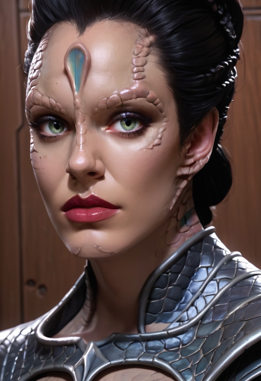 score_9, score_8_up, score_7_up, score_6_up, rating_explicit, (realistic), high resolution, solo, beautiful face, perfect eyes, c4rd45514n alien, forehead crest, grey skin, ridges, scales, black hair, slicked back hair, black armor, peeking around corner, plotting, scheming, on a grey space station