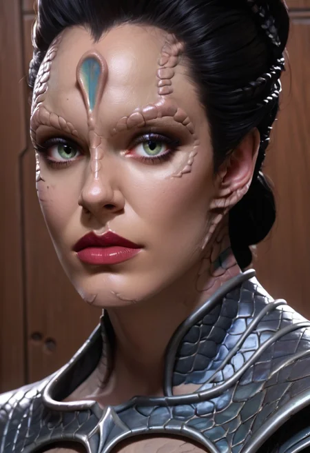 score_9, score_8_up, score_7_up, score_6_up, rating_explicit, (realistic), high resolution, solo, beautiful face, perfect eyes, c4rd45514n alien, forehead crest, grey skin, ridges, scales, black hair, slicked back hair, black armor, peeking around corner, plotting, scheming, on a grey space station