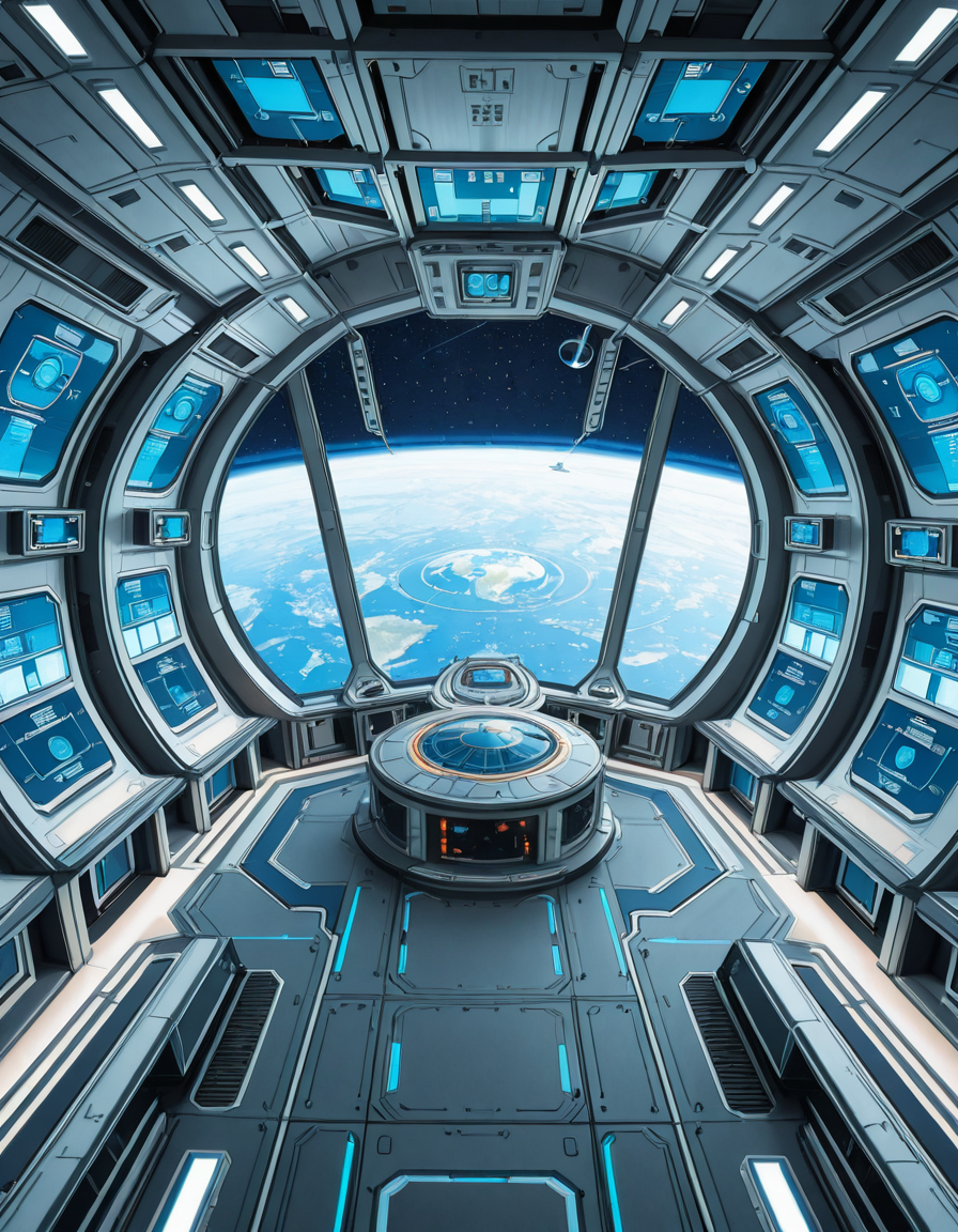 The interior of a massive orbital space station, high above a blue and green Earth-like planet. The setting is a panoramic observation deck with towering reinforced windows that curve around the structure, offering a breathtaking view of the planet below and the star-filled void beyond. The stationâs architecture is sleek and functional, blending advanced human technology with subtle design flourishes â brushed metal walls, glowing interface panels, and clean geometric lines.
Soft white lighting lines the floor and ceiling panels, while ambient blue lights provide a calming atmosphere. Transparent digital displays float in the air, projecting live telemetry, spacecraft traffic, and real-time planetary data in holographic form. In the center of the room, a circular command table displays a rotating 3D projection of the planet and orbital routes.
In the background, the low hum of life support systems and distant radio chatter add to the immersive realism. Cables and utility panels are subtly integrated into the environment, and security doors lead to other compartments of the station. The entire space feels controlled, precise, and filled with purpose â a hub of advanced civilization silently orbiting in the cold beauty of space.<lora:SDXLFaeTastic2400:0.4> <lora:extremely_detailed:0.4> extremely detailed,space station c0ntr0l c3nt3r, <lora:space_station_c0ntr0l_c3nt3r-i:1>, Masterpiece,best quality,hi res,8k,hi res,8k,award winning,(sharp focus, intricate, highly detailed),