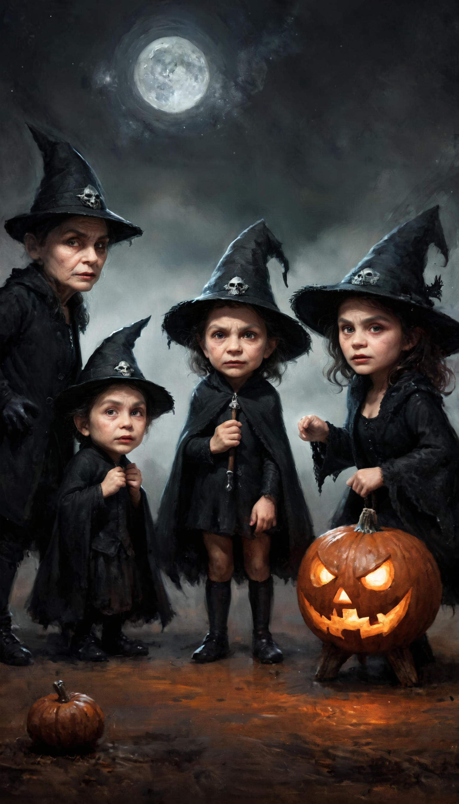 This digital illustration captures the essence of Halloween, ,closeup Meeting of cute terrible creepy monsters in a spooky night, a witch, a werewolf and a vampire dance around a halloween fire  ,closeup of a cute terrible creepy monsters, spooky night, witch, werewolf, vampire  ,non-representational, colors and shapes, expression of feelings, imaginative, highly detailed  . Mixture of watercolors and ink drawing style of Casey Baugh, an award-winning painting  (in the style of Justin Gerard),