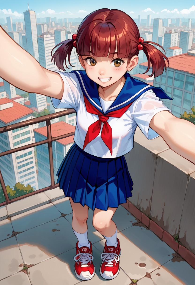 score_8, score_8_up, score_7_up, source_anime,  1girl, solo, female focus, rinko_inh, brown eyes, red hair, short twintails, low twintails, hair bobbles, blunt bangs, small breasts, serafuku, sailor collar, blue sailor collar, neckerchief, red neckerchief, white shirt, short sleeves, blue skirt, pleated skirt, white socks, socks, sneakers, red footwear, on roof, cityscape, v, selfie, smile, flooded, flooded city,  water,