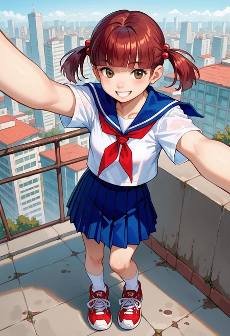 score_8, score_8_up, score_7_up, source_anime, 1girl, solo, female focus, rinko_inh, brown eyes, red hair, short twintails, low twintails, hair bobbles, blunt bangs, small breasts, serafuku, sailor collar, blue sailor collar, neckerchief, red neckerchief, white shirt, short sleeves, blue skirt, pleated skirt, white socks, socks, sneakers, red footwear, on roof, cityscape, v, selfie, smile, flooded, flooded city, water,
