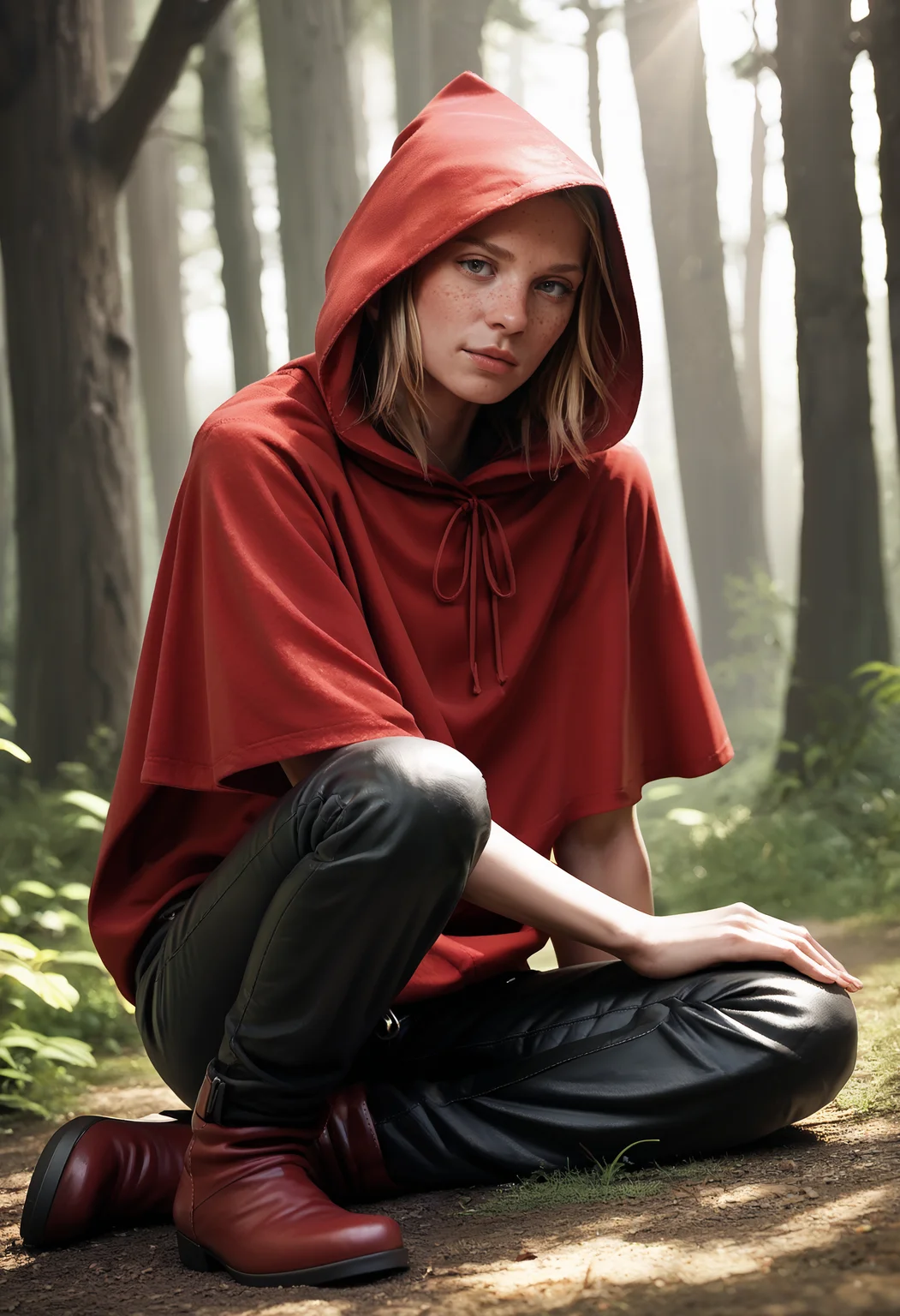 (zPDXL3) dappled sunlight, realistic photograph of little red riding hood in a dark forest sitting on the ground, wearing a red hooded cloak, red dress and boots, leather pants
