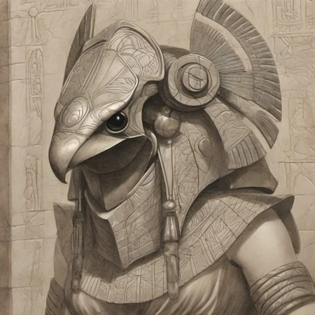 deatiled drawing of a female <lora:stargateHorus-SDXL:1.0> stargateHorusl in a eqyptian temple