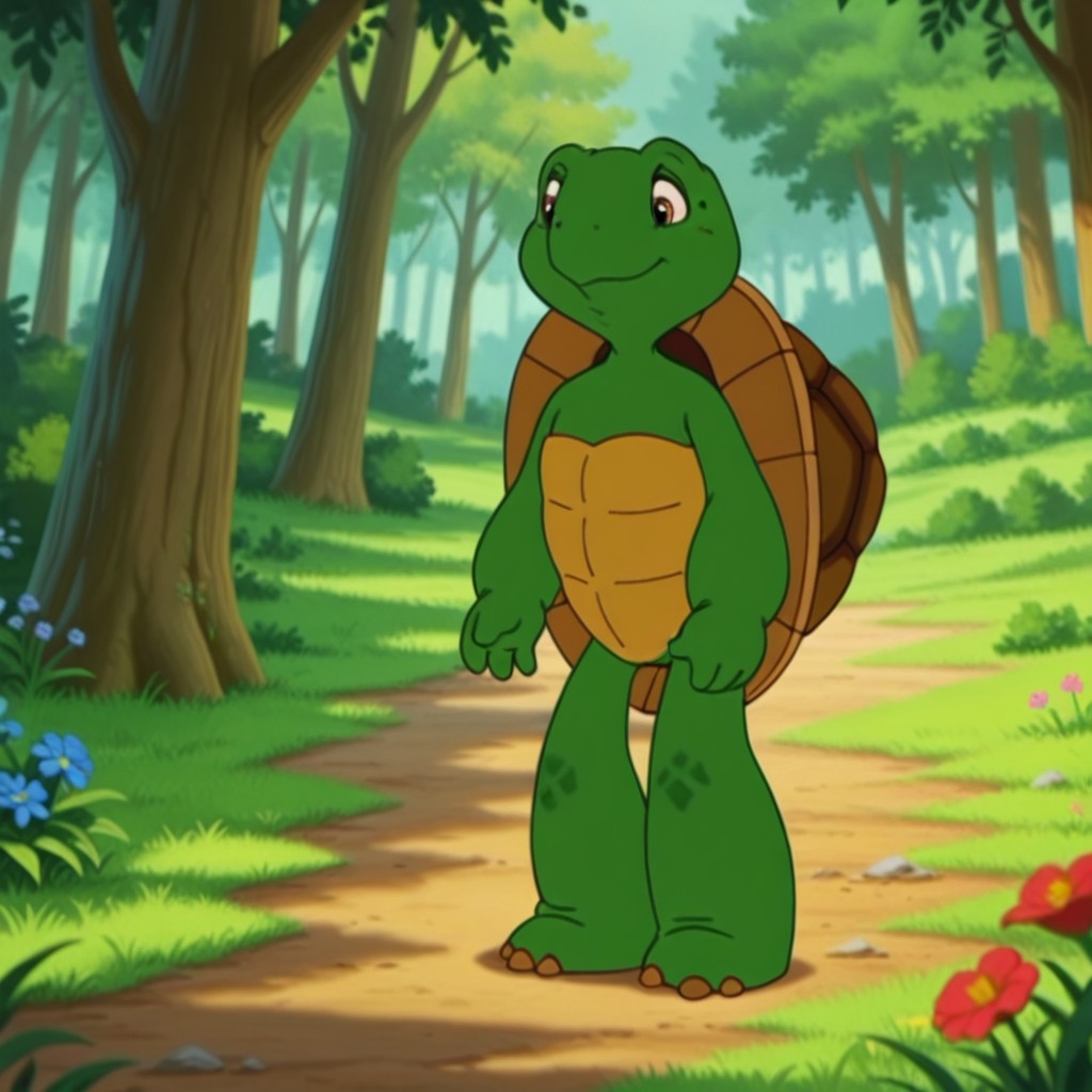 masterpiece, best quality, amazing quality, mrturtleil, semi-anthro, male turtle, green skin, brown eyes, turtle shell, solo, outdoors, nature, grass, forest, smile, day, flower, standing, 
, <lora:ff771f16-aae2-4bf9-ac29-5435d4179e86:1.0>
