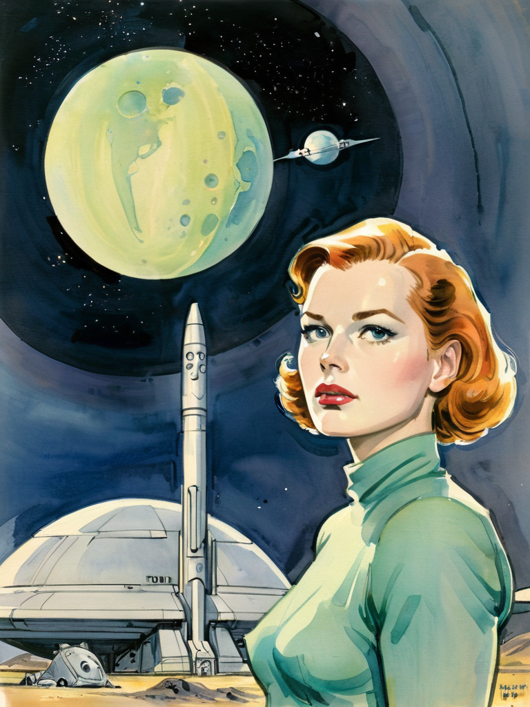 watercolor lineart sketch by Kagan-McLeod, 1950s sci-fi magazine cover,  <lora:Kagan-McLeod:0.7>