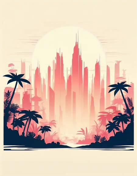 minimalistic, flat color, no lineart, gigantic sci-fi skyline in a fantasy jungle, silhouette, simple bright background