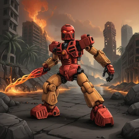 Toa Tahu, dynamic pose, mecha, lava, flame sword, red flame, abandoned city background, ruins, vegetation, tropical trees