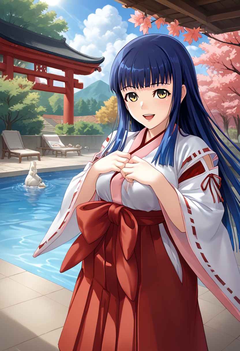 score_9,score_8_up,score_7_up,source_anime,5_figner,2d_animation,game cg,BREAK,1girl,Misato Amano,long hair,bangs,blue hair,yellow eyes,blunt bangs,smile,open mouth,
miko,hakama skirt,red hakama,japanese clothes,wide sleeves,ribbon trim,ribbon-trimmed sleeves,
shrine,torri,tree,cloud,
sunlight,cloudy,sky,sun,bloom,school,pool,
masterpiece,best qualit,ultra-detailed,illustration,an extremely delicate and beautiful,beautiful detailed eyes,unity 8k wallpaper,high resolution,anime CG,official_art,