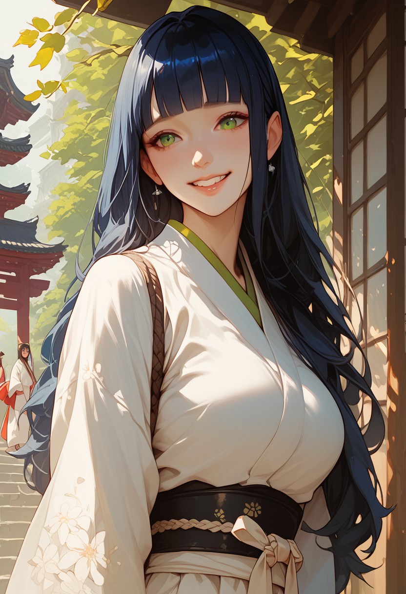 score_9, score_8_up, score_7_up, score_6_up, score_5_up, score_4_up, 1girl, (score_9, score_8_up:1.1), long straight hair, dark blue hair color, blunt bangs, green eyes, voluptuous body , pale skin, shy smile , standing , wearing Japanese clothes , temple