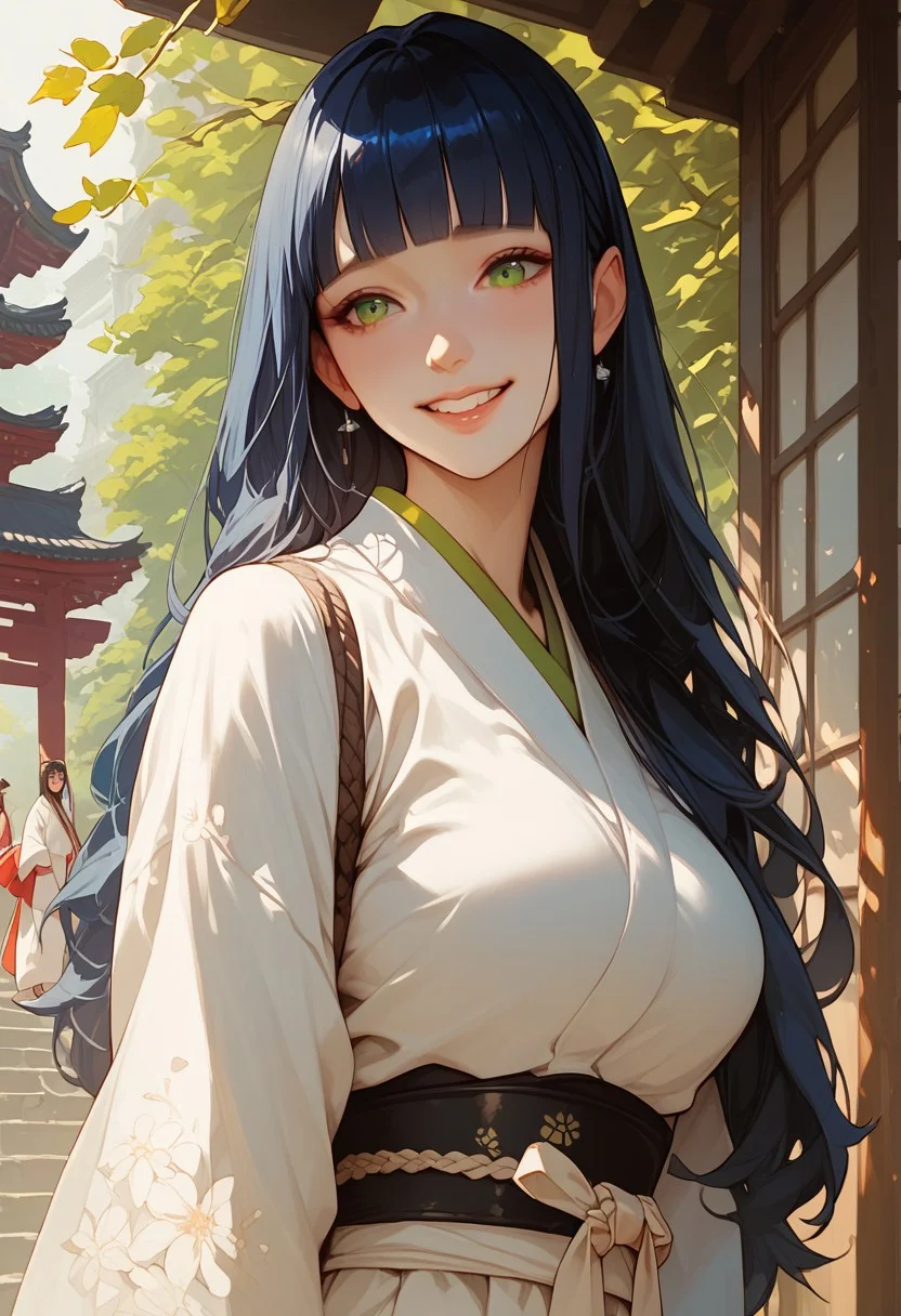 score_9, score_8_up, score_7_up, score_6_up, score_5_up, score_4_up, 1girl, (score_9, score_8_up:1.1), long straight hair, dark blue hair color, blunt bangs, green eyes, voluptuous body , pale skin, shy smile , standing , wearing Japanese clothes , temple