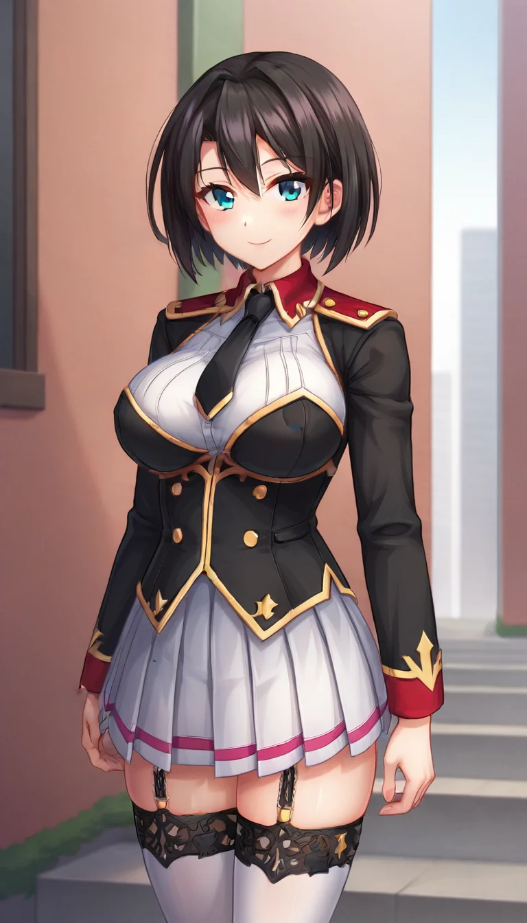 score_9,score_8_up,masterpiece,best quality,correct anatomy,anime_source,1girl,solo,perfect eyes,perfect arms,perfect legs,perfect face,outdoors,upper body,(portrait:1.5),looking at viewer,facing viewer,smile,blush,Azusa Riskross,black hair,short hair,hair intakes,bangs,aqua eyes,military uniform,black necktie,black jacket,cropped jacket,white shirt,black corset,long sleeves,large breasts,miniskirt,white skirt,pleated skirt,zettai ryouiki,garter straps,white thighhighs,lace-trimmed legwear,sneakers,black footwear,<lora:Azusa Riskross(uq)-Pony:1.2>,