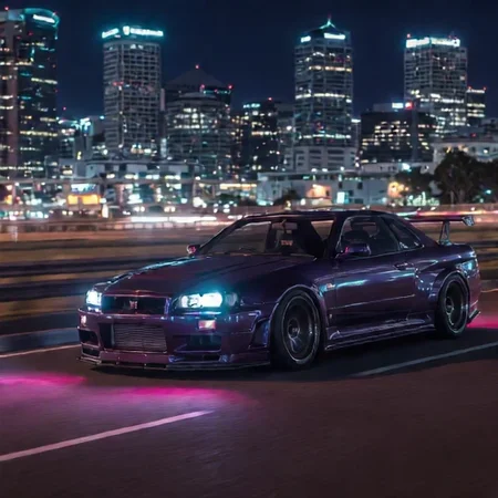 a purple Nissan Skyline GTR R34 is crusing in a highway of Auckland at night, 合影光影,合理运动,
