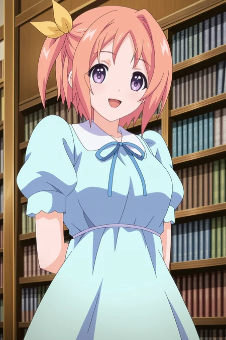 anime screencap, anime coloring, detailed face, perfect fingers, masterpiece, best quality, very aesthetic, absurdres, uncensored,
inside,
 <lora:Rei_Suzukawa_Otona_Mitsuki_Kururu_Hiiragi_Sayaka_Midou_Mankitsu_Happening:1>
Kururu blue dress outfit, Kururu Hiiragi (character), 1girl, solo, purple eyes, short hair, orange hair, ribbon, smile, arms behind back, bookshelf, side ponytail, one side up, looking at viewer, :D, happy girl, cowboy shot