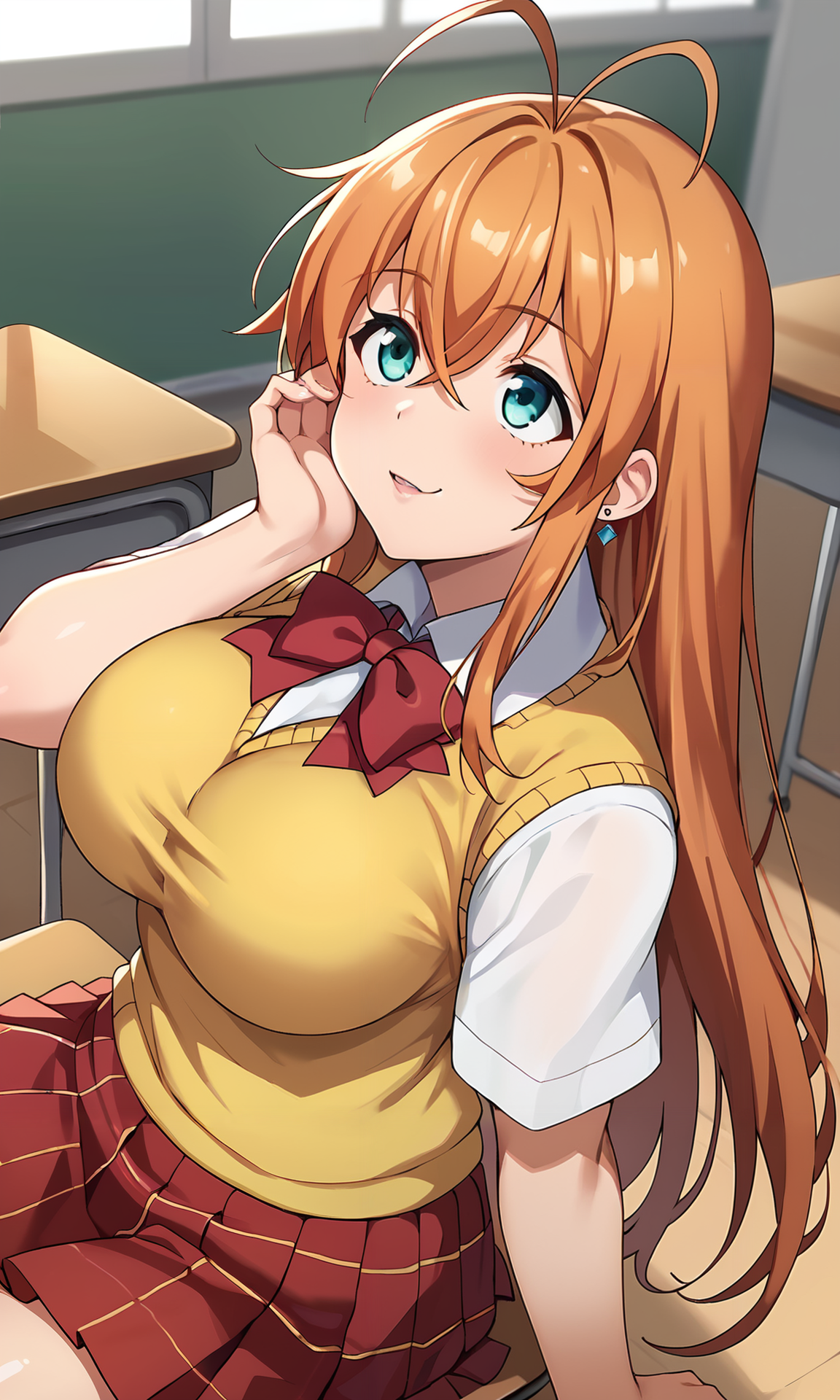 score_9, score_8_up, score_7_up, source_anime, solo, <lora:sd_xl_dpo_lora_v1:0.8>, <lora:hakufu-Ponyv2:1> hakufusdxl, long hair, antenna hair, ahoge, orange hair, aqua eyes,large breasts,  neck ribbon, red ribbon,  magatama earrings, school uniform, red skirt, pleated skirt, plaid skirt large breasts, sweater vest, yellow vest, white shirt, collared shirt, short sleeves, sitting, chair, classroom, looking up, :o, eyes up, cowboy shot, hand on own cheek,