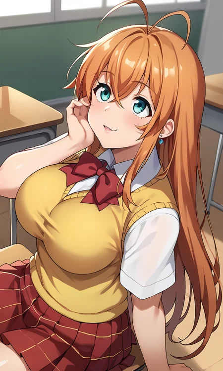 score_9, score_8_up, score_7_up, source_anime, solo, <lora:sd_xl_dpo_lora_v1:0.8>, <lora:hakufu-Ponyv2:1> hakufusdxl, long hair, antenna hair, ahoge, orange hair, aqua eyes,large breasts,  neck ribbon, red ribbon,  magatama earrings, school uniform, red skirt, pleated skirt, plaid skirt large breasts, sweater vest, yellow vest, white shirt, collared shirt, short sleeves, sitting, chair, classroom, looking up, :o, eyes up, cowboy shot, hand on own cheek,