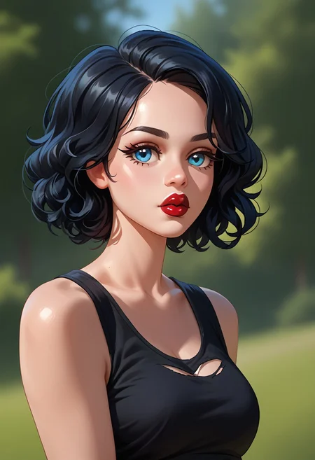 score_9, score_8_up, score_7_up, score_9, score_8_up, score_7_up, casual game art style, casual game art, mobile game art, merge 3 game art, character design, casemrart, victit, 1girl, pale skin, solo, black hair, wavy hair, short hair, blue eyes, long eyelashes, puffy lips, dark red lipstick, (septum piercing), torn top tank, black top tank, upper body, looking to the side, foreshortening, depth of field