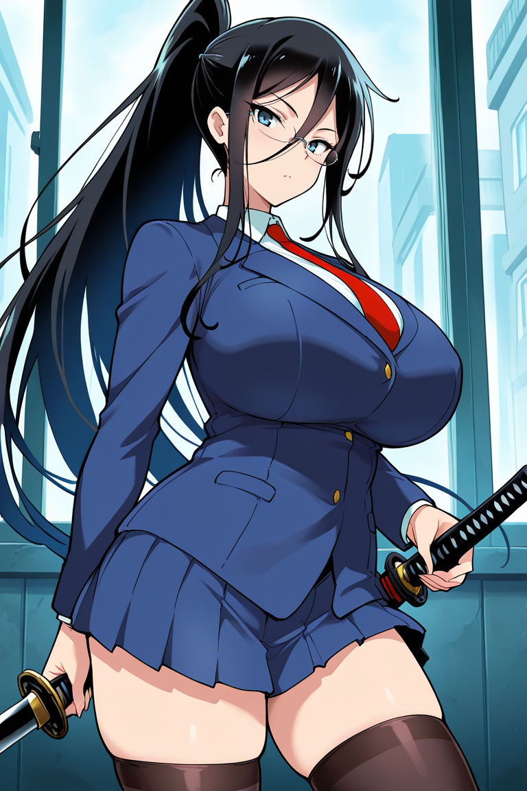 Masterpiece, source_anime,  1girl, black hair , sword, breasts, weapon, solo, glasses, katana, skirt, thighhighs, long hair, ponytail, necktie, school uniform, holding sword, holding, holding weapon, looking at viewer, huge breasts, hair between eyes