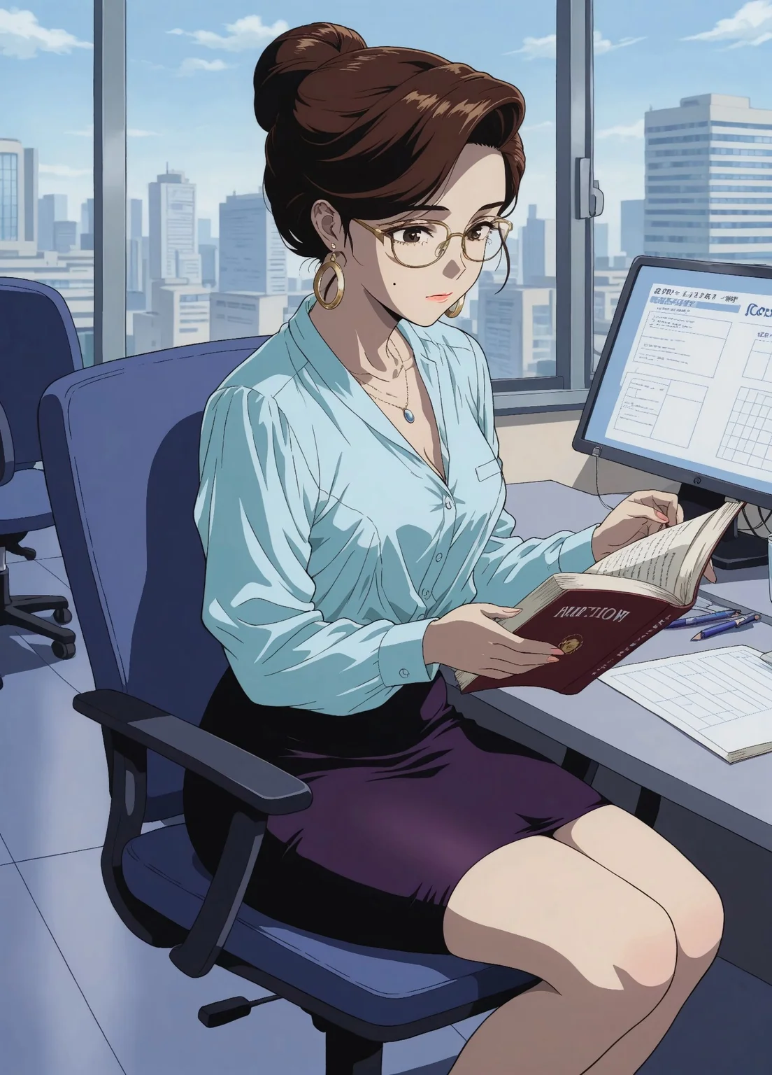 masterpiece, best quality, amazing quality, absurdres,
Office_Lady_Normal, 1girl, brown hair, single hair bun, brown eyes, mole,
glasses, gold earrings, blue button-up shirt, long sleeves, tucked-in shirt, tight purple pencil skirt, Golden-frame eyewear, necklace,
, reading book, sitting on chair, holding book, office background, daytime,