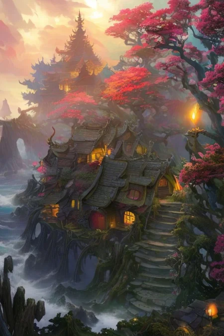 fantasy forest, beautiful chaos,rough ocean storm atmospheric, hyper realistic,
a lush ancient forest, with abundant blooms, vibrant colors, serene ambiance, timeless charm,
sunrise, fluffy clouds, elven village, trees, wood houses, many bridges, fires, stone roads