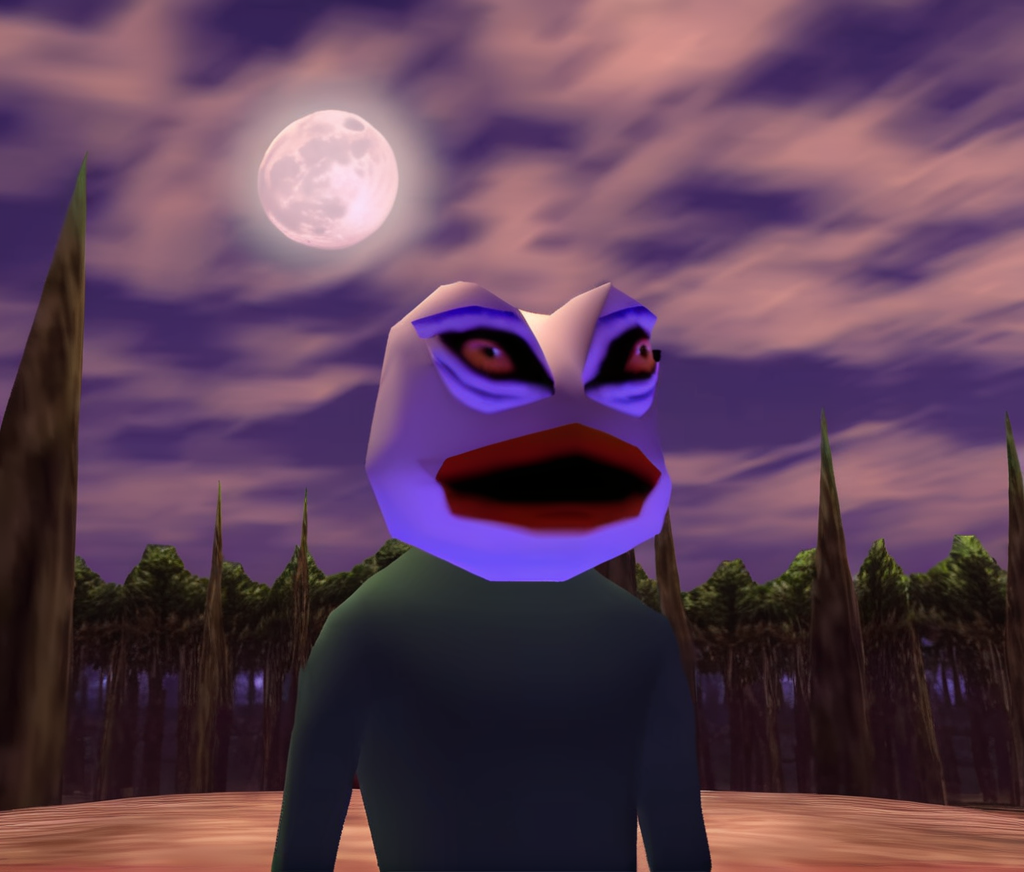 n64style, pepe the frog, blue shirt, portrait, 3d, low poly, n64, night sky, clouds, moon, majorasmask, forest, trees, dark lighting<lora:oot-xl-merge-final:1.1> <lora:pepe_frog SDXL:0.3>