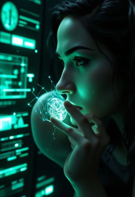 Emo woman upper body face close up. A hyper-detailed, futuristic close-up of a human fingertip illuminated by a soft green glow, revealing a complex, holographic circuit pattern etched into the skin, resembling a digital fingerprint. The intricate lines and nodes of the circuitry shimmer with a faint white and blue light, symbolizing advanced biometric technology. Surrounding the finger, a semi-transparent user interface displays scanning progress indicators, synchronization bars, and faint text overlays, adding to the high-tech aesthetic. The background is softly blurred, suggesting a sleek, digital environment while emphasizing the focus on the finger and its augmented details. <lora:aidmaFLUXPro1.1-FLUX-v0.3.safetensors:1.0>,  <lora:Dark side of light.safetensors:0.55>, <lora:Glitchcore_Flux.safetensors:0.8>,