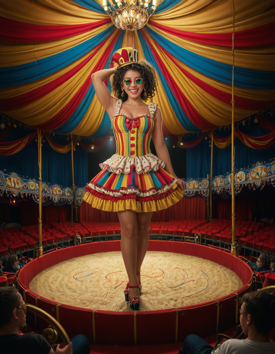 focus on woman face,rating_safe,A vibrant and colorful scene inside a grand circus tent,grand c1rcus, featuring a woman dressed as a whimsical clown. She is wearing an elaborate costume with a mix of bold patternsâred and white stripes, polka dots, and bright yellow accents. Her hair is styled in playful, oversized curls, dyed in shades of blue and pink. She is standing center stage, under a spotlight that casts a warm glow, making her sequined outfit sparkle. Her pose is dynamic and engaging, as if she is about to perform a trick or joke, with a wide, inviting smile. The background showcases the lively atmosphere of the circus, with colorful banners, a large audience in shadowy rows, and hints of other performers or props like juggling pins or unicycles. The overall lighting is bright and cheerful, emphasizing the magical, festive mood of the circus.<lora:SDXLFaeTastic2400:0.4> <lora:extremely_detailed:0.4> extremely detailed, <lora:grand_c1rcus:1>, Masterpiece,best quality,hi res,8k,hi res,8k,award winning,(sharp focus, intricate, highly detailed),