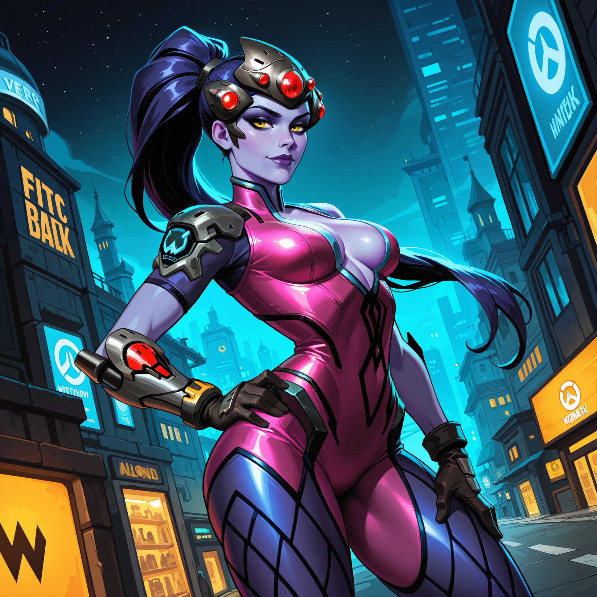 2d, source_cartoon, western comics \(style\),

intricate detail,

eye contact:1.2, looking at viewer:1.25, dynamic angle, dynamic shot, fingers on lips, hand on hip, arched back, seductive pose,

BREAK

1girl, solo, widowmaker from overwatch, purple colored skin, yellow colored eyes,

fit body, almond shaped eyes, long eyelashes, medium breasts, small narrow waist, wide hips, thick thighs,

BREAK

widowmaker outfit, purple and black widowmaker outfit,

BREAK

detailed background, detailed scenery, outdoors, futuristic overwatch background, nighttime,