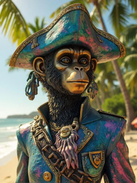 <lora:ck-LttleGhost-000011.safetensors:1> in the style of ck-lttlegh0stA stunning bronze monkey statue, dressed in intricate pirate attire, is captured in a close-up shot against a sunlit beach backdrop of blurred palm trees. The metallic coat features iridescent blues, pinks, and greens, while the textured finish imbues the image with uncanny realism. Every detail is meticulously rendered to create a surreal, yet breathtakingly artistic expression that seamlessly blends whimsy with high-fashion sensibilities.