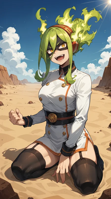 score_9,score_8_up,score_7_up,score_6_up, <lora:xl_more_art-full_v1:0.5>, source_anime, girl, dynamic pose, sitting with hands around her ankles, <lora:Moe Kamiji (Burnin) - Pony-000004:0.8>, green hair, fiery hair, yellow eyes, black mask, domino mask, white dress, headphones, fangs, black belt, short dress, black thighhighs, garter straps, desert, sand dunes, light rays,