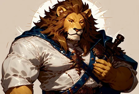 score_9, score_8_up,<lora:bm-v3g-n2-ep1-xl:1>, lindong, furry, anthro, non human, male, hunk fat, bulky, chubby, (Lion, orange eyes, orange fur, brown mane)) huge body, fluffy, ((perfect face, perfect eyes, half-closed eyes)), hi res, absurd res, digital media (art work), sketch, flat colors, lineart, motion lines, clothes(sailor coat, white shirts, blue pants, knife sheath, leather belt, upper body, skyrim background, grab torch