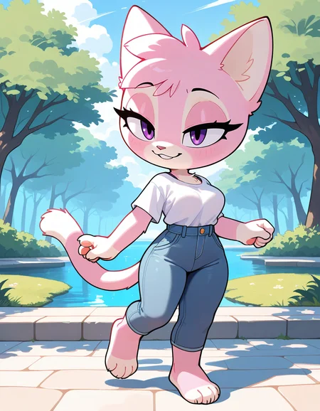 masterpiece, best quality, very aesthetic, absurdres,
outdoors, casual, 
full body, standing, posing,
seductive smile, parted lips, long eyelashes,
 <lora:Jana_v01_NAIXL:1>
J4n4,1girl,solo,furry,furry female,cat girl,cat ears,purple eyes,animal nose,body fur,two-tone fur,pink fur,white fur,cat tail,