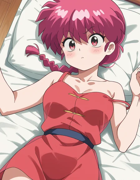 score_9, score_8_up, score_7_up, source_anime, <lora:ranma-saotome-alpha-ponyxl-lora-nochekaiser:1>, ranma saotome, braid, red hair, single braid, braided ponytail, red eyes, medium breasts,, <lora:chemise-ponyxl-lora-nochekaiser:1>, chemise, strap slip, see-through, bare shoulders, collarbone, thighs,, indoors, bed, bed room, on back, on bed, blush, , cowboy shot, dutch angle,