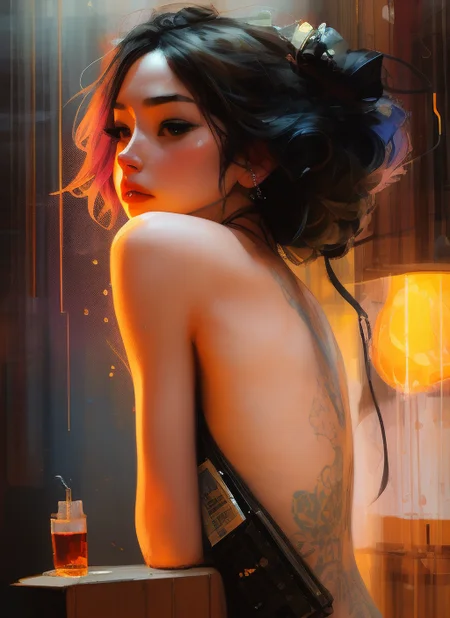 samdoesarts style drunken beautiful woman as delirium from sandman, (hallucinating colorful soap bubbles), by jeremy mann, by sandra chevrier, by dave mckean and richard avedon and maciej kuciara, punk rock, tank girl, high detailed, 8k