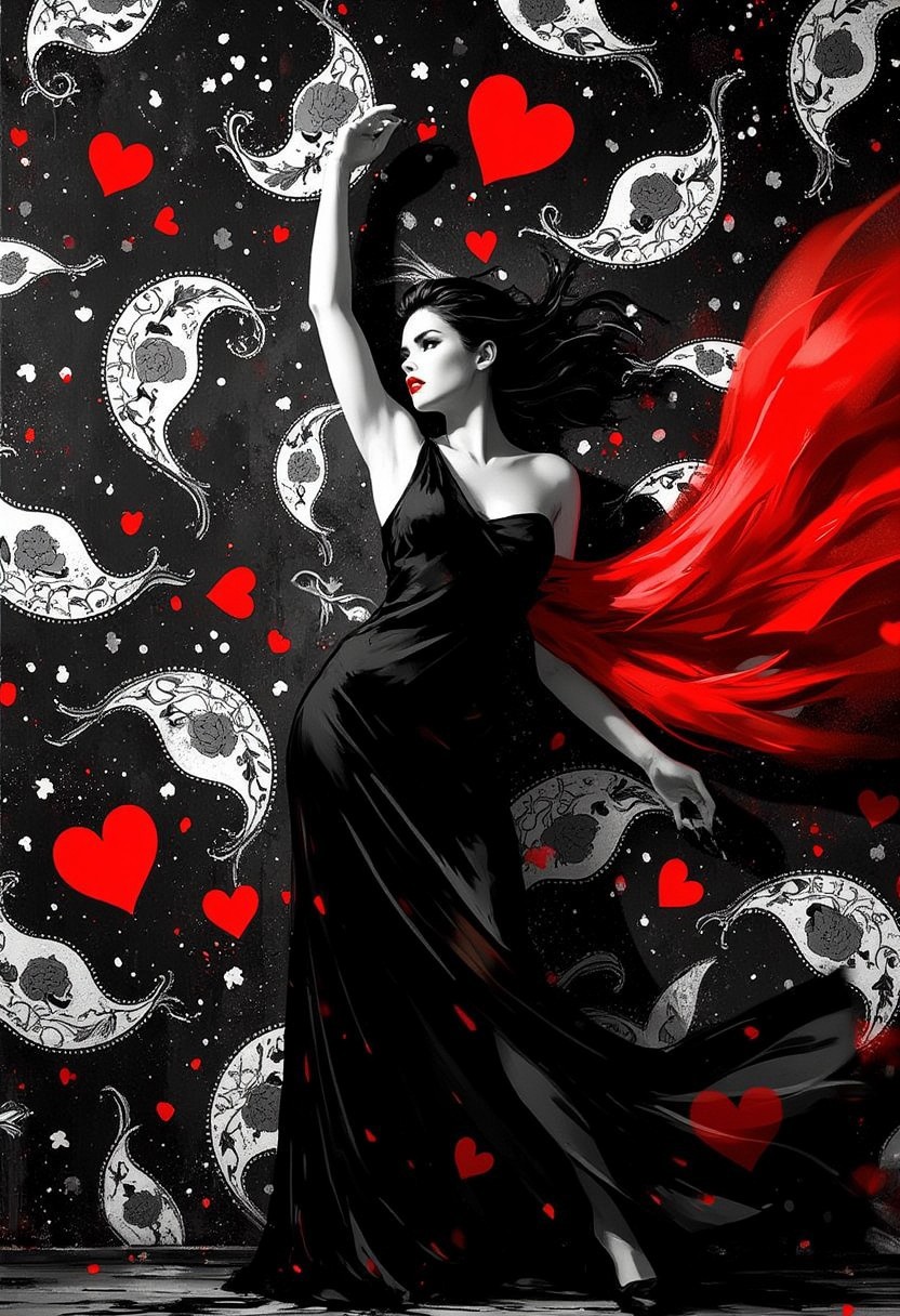 A striking black-and-white photograph with cool undertones of a poised woman in a flowing black gown, captured in a dynamic mid-motion pose against a bold, intricate background. She twists gracefully, her elongated form accentuated as both arms extend outward—one reaching upward with fingers splayed, the other sweeping behind her—creating a sense of fluid energy and control. Her gaze is intense, fixed into the distance, exuding confidence and mystery. A bold, bright red sheer fabric billows dramatically around her, infused with subtle motion blur that conveys its fluid movement in the wind, wrapping around her form and extending outward like flames of passion. The backdrop features a black canvas adorned with complex white paisley patterns intertwined with vibrant red hearts, the paisleys outlined in white and filled with delicate floral shapes, red teardrop accents, and scattered heart motifs. Smaller floral details and dotted textures add depth and intricacy, while the red hearts introduce a playful yet romantic element that contrasts elegantly with the monochrome tones. Smooth textures and dramatic side lighting sculpt her silhouette, while the vibrant red fabric radiates warmth and energy, standing out vividly amidst the intricate patterns. This composition blends elegance with boldness, creating a timeless and avant-garde visual story. conceptual photography, patterned surrealism, fine art style
the paisley pattern