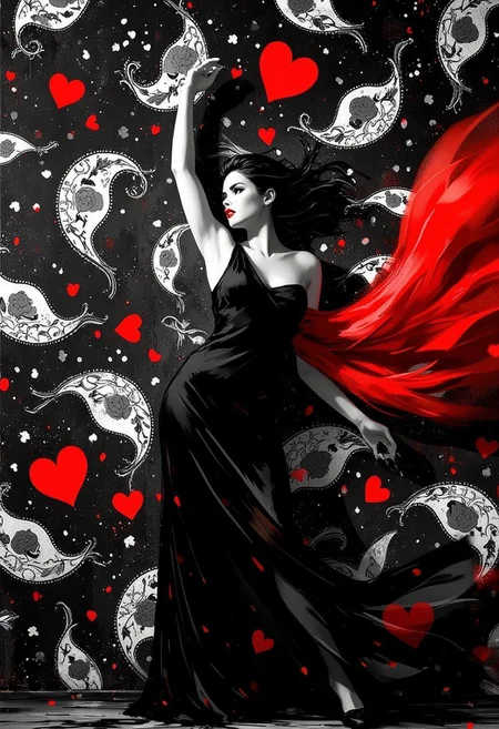 A striking black-and-white photograph with cool undertones of a poised woman in a flowing black gown, captured in a dynamic mid-motion pose against a bold, intricate background. She twists gracefully, her elongated form accentuated as both arms extend outward—one reaching upward with fingers splayed, the other sweeping behind her—creating a sense of fluid energy and control. Her gaze is intense, fixed into the distance, exuding confidence and mystery. A bold, bright red sheer fabric billows dramatically around her, infused with subtle motion blur that conveys its fluid movement in the wind, wrapping around her form and extending outward like flames of passion. The backdrop features a black canvas adorned with complex white paisley patterns intertwined with vibrant red hearts, the paisleys outlined in white and filled with delicate floral shapes, red teardrop accents, and scattered heart motifs. Smaller floral details and dotted textures add depth and intricacy, while the red hearts introduce a playful yet romantic element that contrasts elegantly with the monochrome tones. Smooth textures and dramatic side lighting sculpt her silhouette, while the vibrant red fabric radiates warmth and energy, standing out vividly amidst the intricate patterns. This composition blends elegance with boldness, creating a timeless and avant-garde visual story. conceptual photography, patterned surrealism, fine art style
the paisley pattern