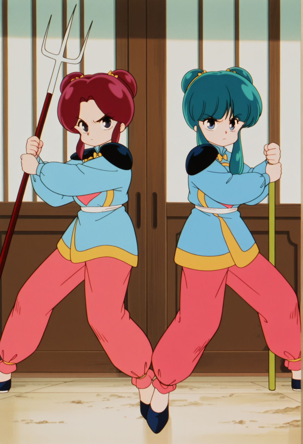 retro artstyle, anime screencap, anime screenshot, anime coloring, 2girls, sisters, indoors, fighting stance, 1girl, aqua hair, blue eyes, single hair bun, long sidelocks, chinese clothes, heart print, shoulder pad, blue shirt, pink pants, holding trident, looking at viewer,
BREAK
retro artstyle, anime screencap, anime screenshot, anime coloring, 2girls, sisters, indoors, fighting stance, 1girl, red hair, black eyes, double bun, sidelocks, hinese clothes, heart print, shoulder pad, blue shirt, pink pants, holding staff, bo staff, looking at viewer,   <lora:twins_ranma:1>, masterpiece, best quality, amazing quality, very aesthetic, absurdres, highres, newest