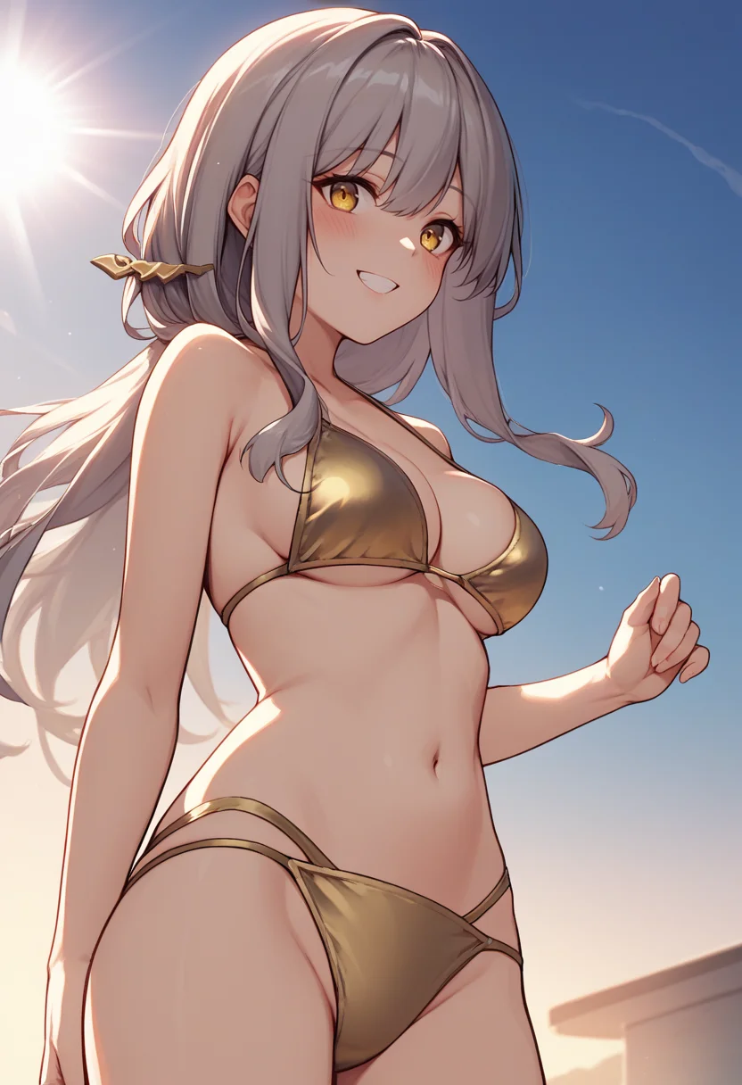 score_9, score_8_up, score_7_up, source_anime, BREAK 1girl, solo, <lora:scarlet-nikke-richy-v1_pdxl:1> scrltrnd, yellow eyes, long hair, bangs, grey hair, breasts, gold bikini, smile, blush, standing, blue sky, hair ornament, sunlight, sunset