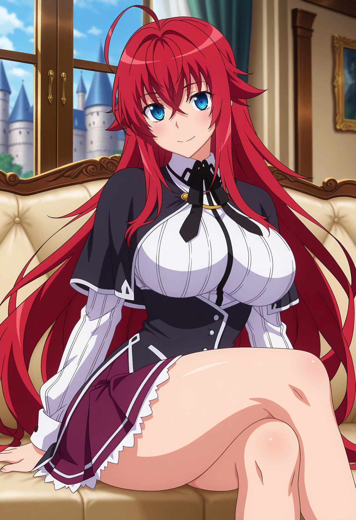 anime screencap, masterpiece, best quality,
<lora:HighSchoolDxDHERO_RiasGremory_IlluXL:0.9>,
1girl, solo, seductive smile, light blush,
very long hair, red hair, blue eyes, ahoge, crossed bangs,
RiasGremory, black capelet, striped shirt, white shirt, neck ribbon, black ribbon, long sleeves, black corset, buttons,
pleated skirt, frilled skirt, purple skirt,
sitting, crossed legs, looking at viewer,
blurry background, indoors, castle, couch, window