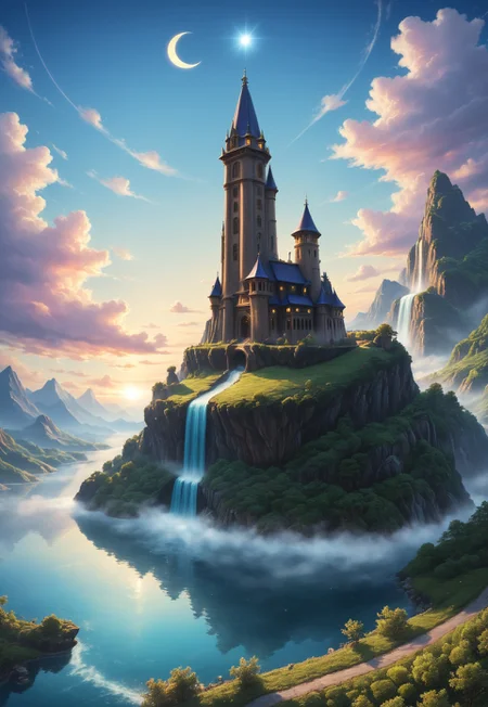 Under the calming glow of a purple crescent moon, a bright and wonderous landscape unfolds . A vibrant, and glowing brown lumenarium flying ship flies over a wonderful landscape of  great, yet lush canyones  with waterfalls.  Its black paint contrasts starkly with the wonderous atmosphere. In the background, more waterfalls cascades down jagged rocks,the water glistening in the moonlight. urithiru, tower city, up on a mountain,  Thick,s wirling clouds loom overhead,adding to the sense of a magical presence. The moonlight filters through the clouds,casting an otherworldly glow over the scene. The air is thick with mysticism,as if the very night holds ancient secrets and powerful magic.  [romantic impressionism,dream scenery art,beautiful oil matte painting,romantic,style of thomas kinkade,beautiful digital painting,anime landscape,romantic painting,dreamlike digital painting,colorful painting,beautiful gorgeous digital art,style of greg rutkowski,janek sedlar,jenny saville:0]  <lora:vivid_everclear:0.35>  <lora:Sinozick:0.35>  <lora:MJ52:0.35>, view from above
 (8k uhd:1,4)
 <lora:add-detail-xl:1>
 <lora:Dynamic Poses:1>