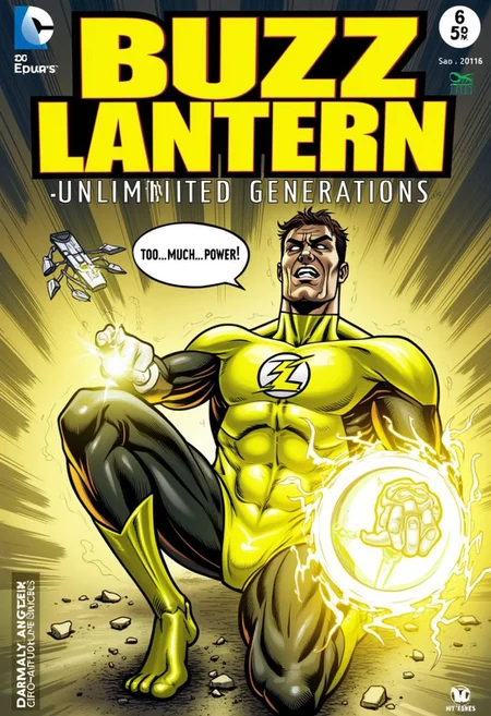 Superhero comic cover. On top, the yellow cover title says: "BUZZ LANTERN". and a small sub-title line that says "Unlimited Generations". Bellow a drawing of a yellow lantern style superhero, with (a thunderbolt logo in his chest). The superhero is knealing. He is in pain as the yellow ring in his hand shines and releases sparks and rays. He has a speech ballon that says: "too... much... power."