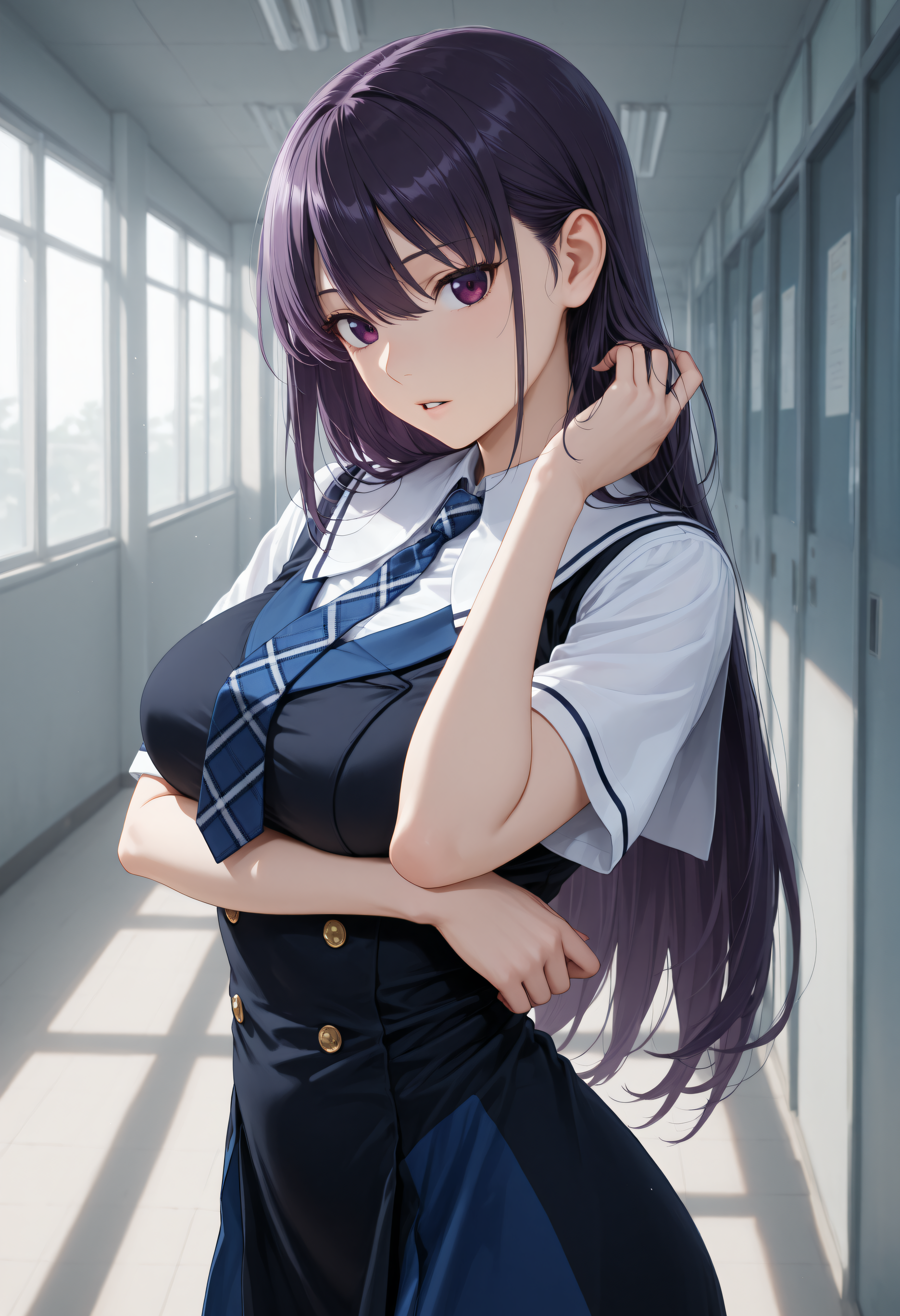 <lora:Char_SakakiYumiko:1>, hair between eyes, purple hair, long hair, purple eyes, straight hair, hair behind ear,
solo, Yum1Sch, long dress, blue dress, black dress, two-tone dress, double-breasted, buttons, short sleeves, plaid necktie, white sailor collar, white sleeves, 
parted lips, hand in own hair, looking at viewer, from side, arm under breasts, head tilt, standing, school corridor, very awa, masterpiece, best quality, highres, absurdres